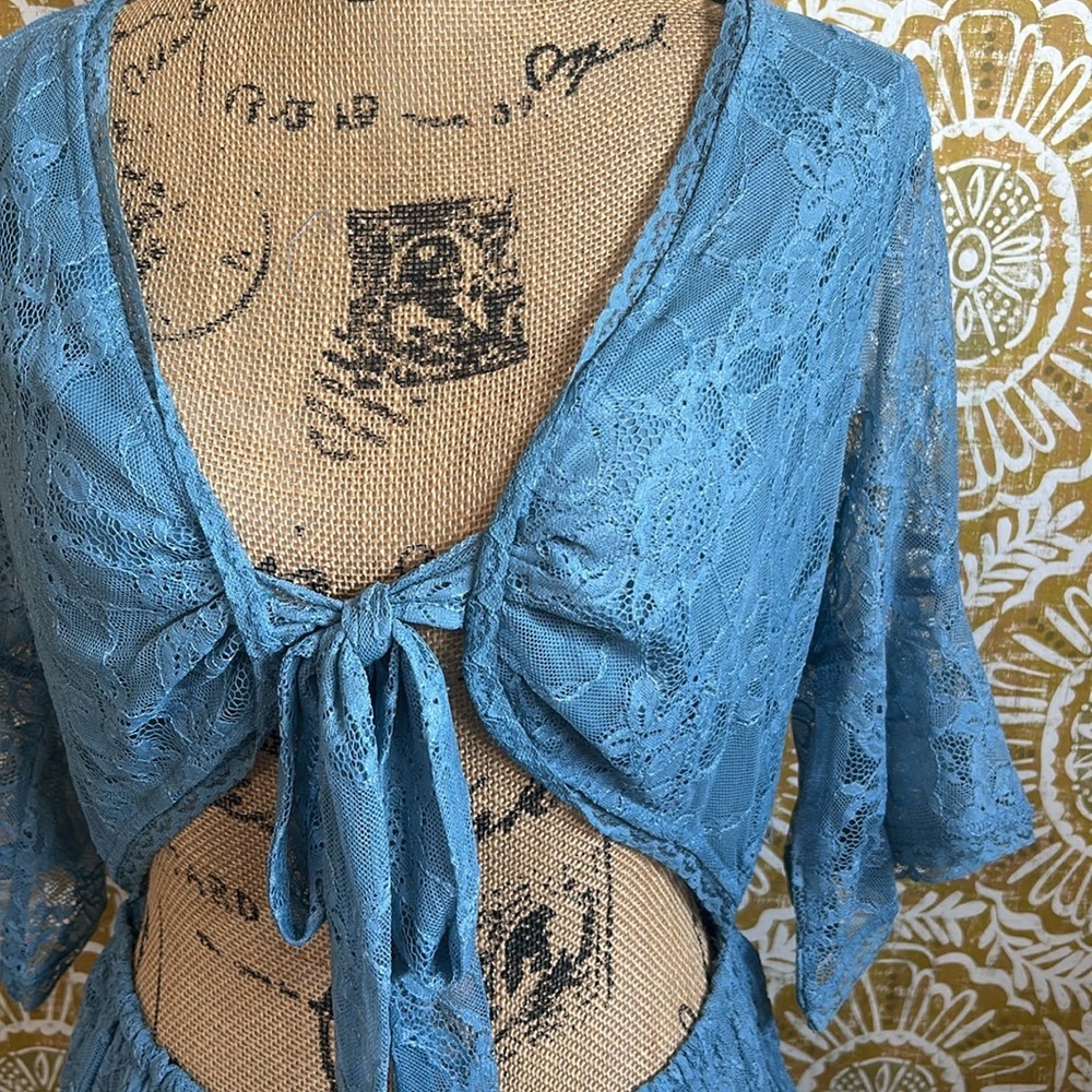 NWOT Free People Lala Lace Sheer Reversible V-Neck Mini Dress in Baby Denim Sz M - Picture 9 of 12